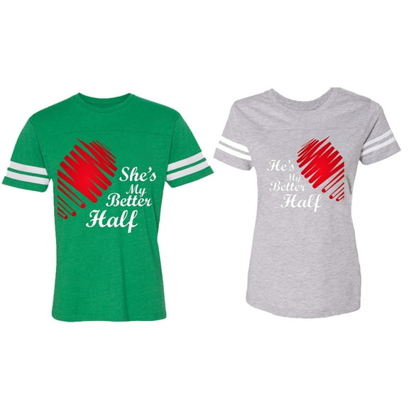 He she is My Better Half Matching Couple Cotton Jerseys (Men Green / Women Heather) (Men XXL / Women S)