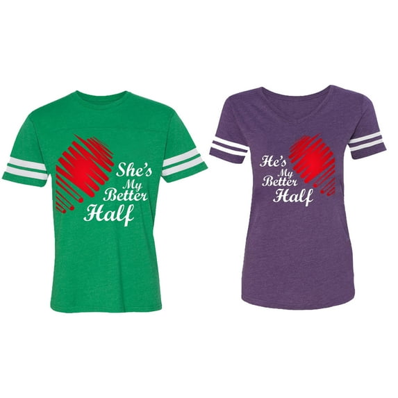He she is My Better Half Matching Couple Cotton Jerseys (Men Green / Women Purple) (Men XL / Women XXL)