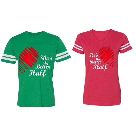 He she is My Better Half Matching Couple Cotton Jerseys (Men Green / Women Red) (Men S / Women L)