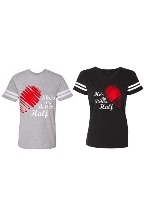 He she is My Better Half Matching Couple Cotton Jerseys (Men Heather / Women Black) (Men S / Women S)