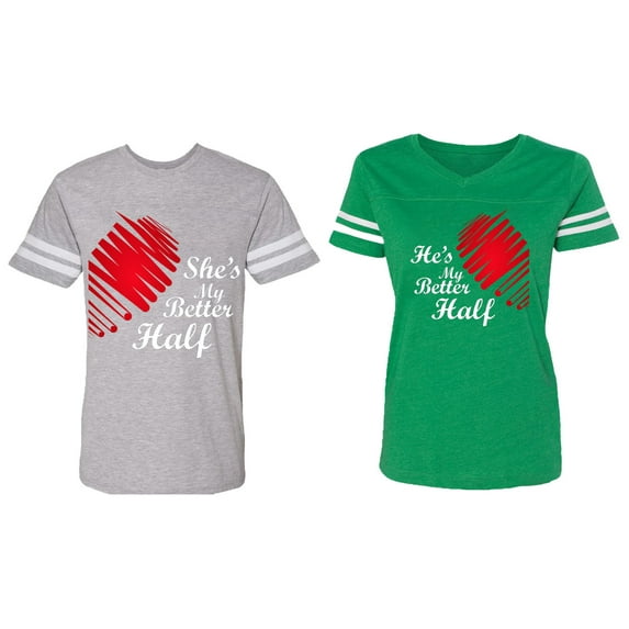 He she is My Better Half Matching Couple Cotton Jerseys (Men Heather / Women Green) (Men L / Women XL)