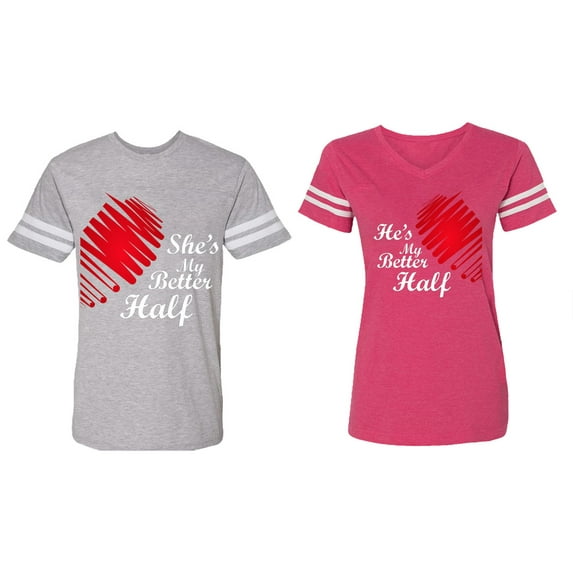 He she is My Better Half Matching Couple Cotton Jerseys (Men Heather / Women Pink) (Men M / Women XXL)