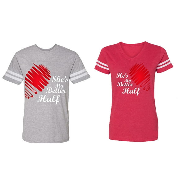He she is My Better Half Matching Couple Cotton Jerseys (Men Heather / Women Red) (Men L / Women XXL)