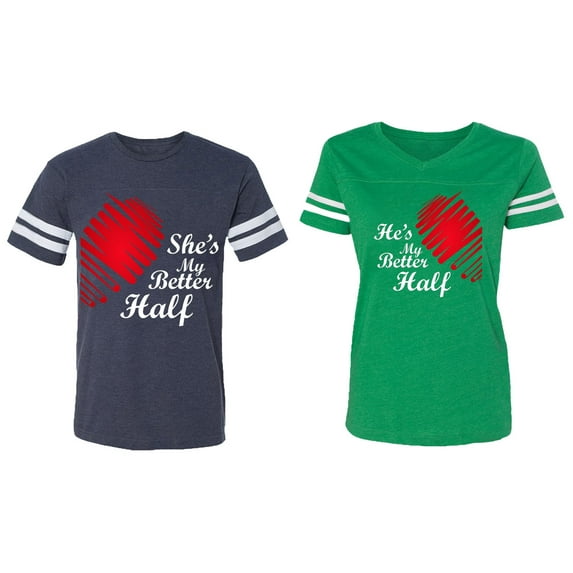 He she is My Better Half Matching Couple Cotton Jerseys (Men Navy / Women Green) (Men L / Women M)