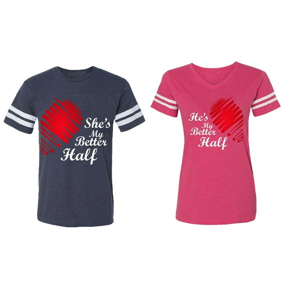 He she is My Better Half Matching Couple Cotton Jerseys (Men Navy / Women Pink) (Men XXL / Women M)