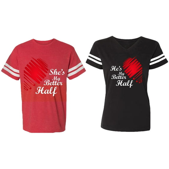 He she is My Better Half Matching Couple Cotton Jerseys (Men Red / Women Black) (Men S / Women M)