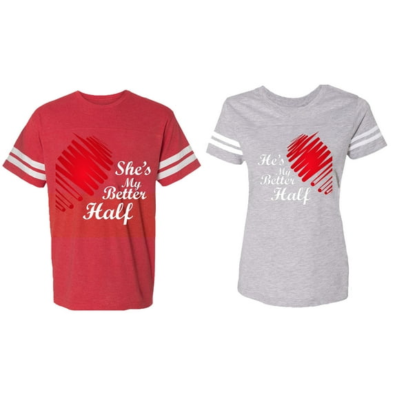 He she is My Better Half Matching Couple Cotton Jerseys (Men Red / Women Heather) (Men XL / Women XXL)