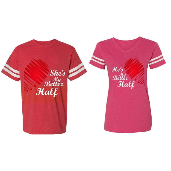 He she is My Better Half Matching Couple Cotton Jerseys (Men Red / Women Pink) (Men M / Women XL)