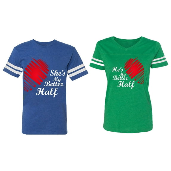 He she is My Better Half Matching Couple Cotton Jerseys (Men Royal / Women Green) (Men S / Women L)