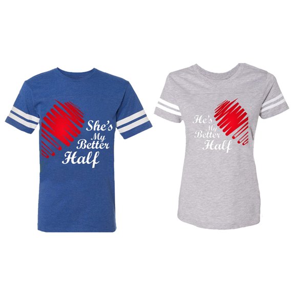 He she is My Better Half Matching Couple Cotton Jerseys (Men Royal / Women Heather) (Men M / Women S)