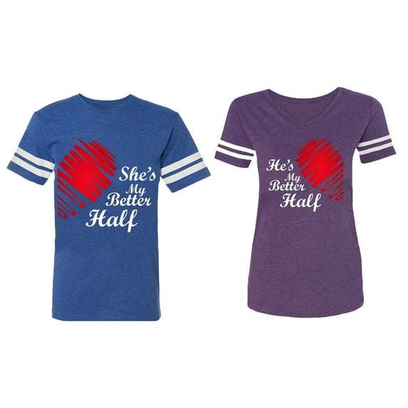 He she is My Better Half Matching Couple Cotton Jerseys (Men Royal / Women Purple) (Men M / Women L)