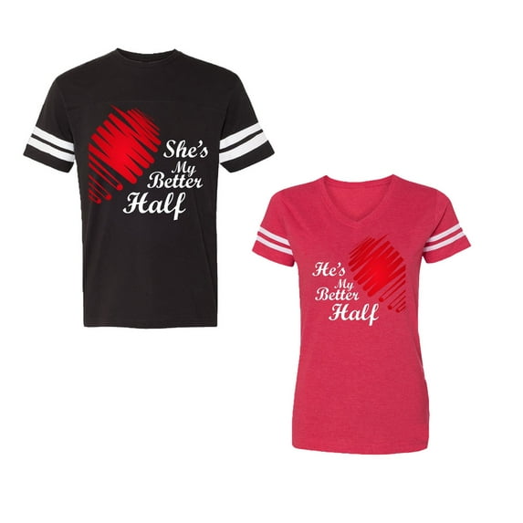 He she is My Better Half Unisex Couple Matching Cotton Jersey style T-Shirt Contrasting stripes on sleeves (Men Black / Women Red) (Men XL / Women L)