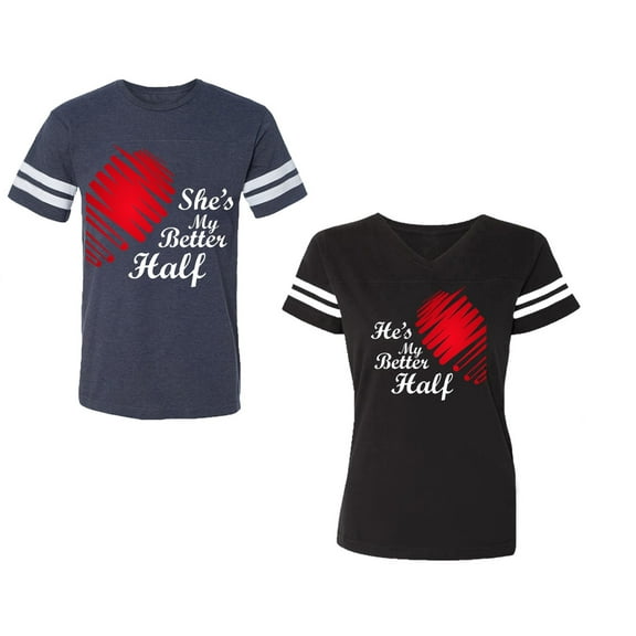 He she is My Better Half Unisex Couple Matching Cotton Jersey style T-Shirt Contrasting stripes on sleeves (Men Navy / Women Black) (Men S / Women S)