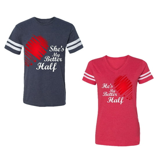 He she is My Better Half Unisex Couple Matching Cotton Jersey style T-Shirt Contrasting stripes on sleeves (Men Navy / Women Red) (Men L / Women XXL)