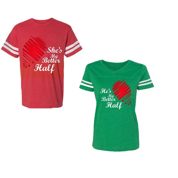 He she is My Better Half Unisex Couple Matching Cotton Jersey style T-Shirt Contrasting stripes on sleeves (Men Red / Women Green) (Men S / Women S)