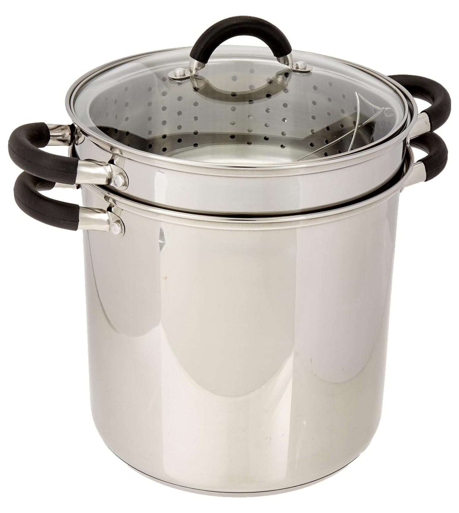HeSLehs 12 Qt Multifunction Stainless Steel Pasta Cooker with Encapsulated Base, Vented Glass Lid, and Riveted Silicone Covered Handles