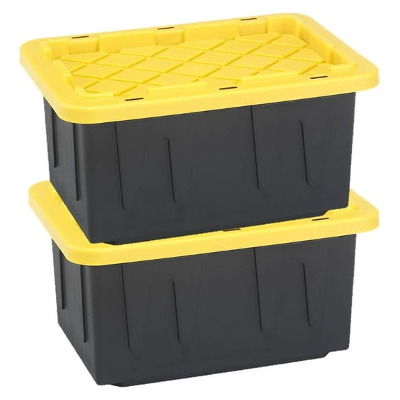 HeSLehs 15-Gallon Durabilt Plastic Stackable Storage Organizer Container w/Snap Lid and Hasps for Tie-Down Straps or Locks, Black/Yellow (2 Pack)