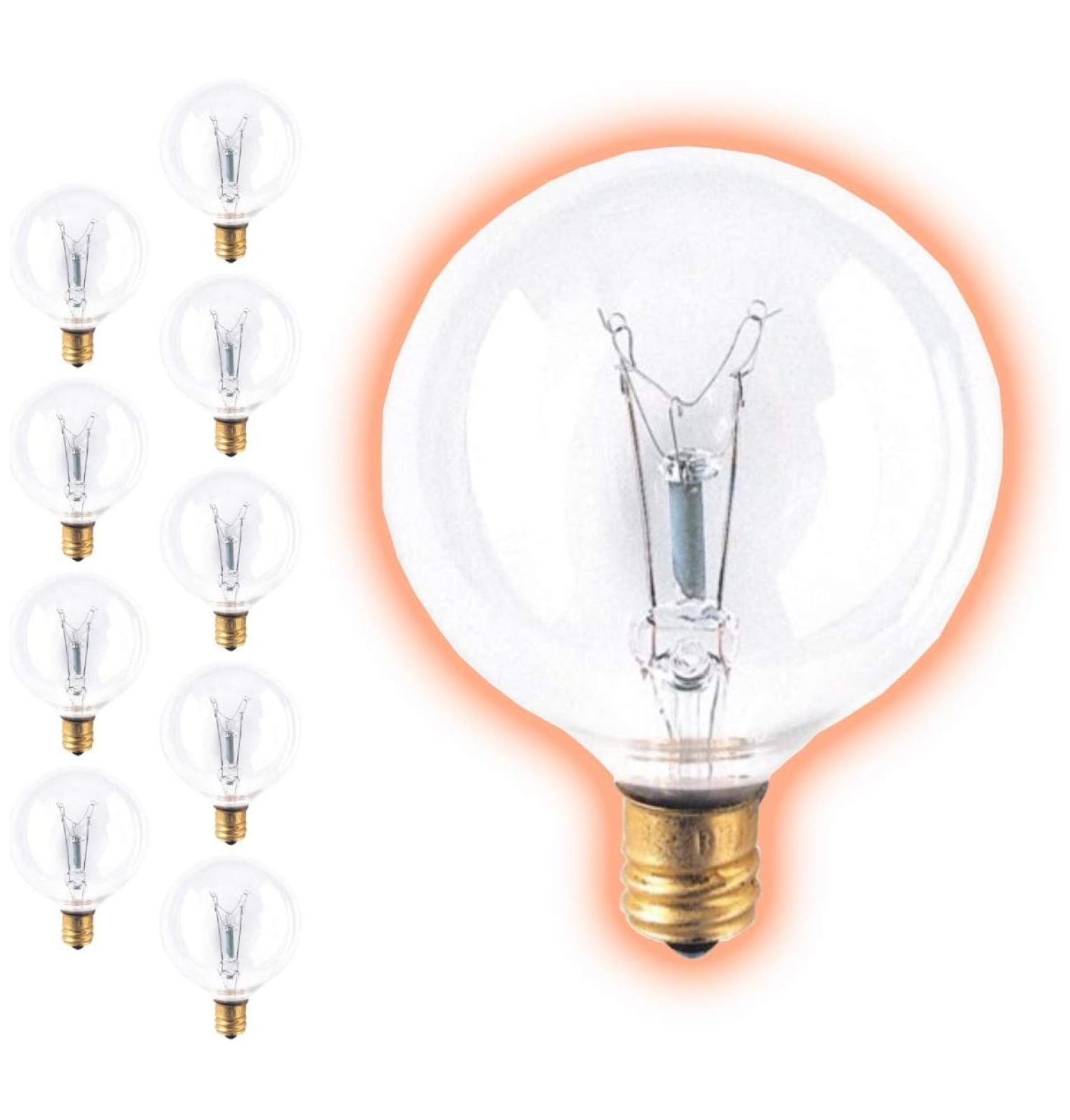 HeSLehs 15 Watt G16 Globe Incandescent Light Bulbs | Clear Finish Candelabra E12 Base 2700K Soft White Light Color | Dimmable 15W 200 Lumens | Pack of 10 Bulbs