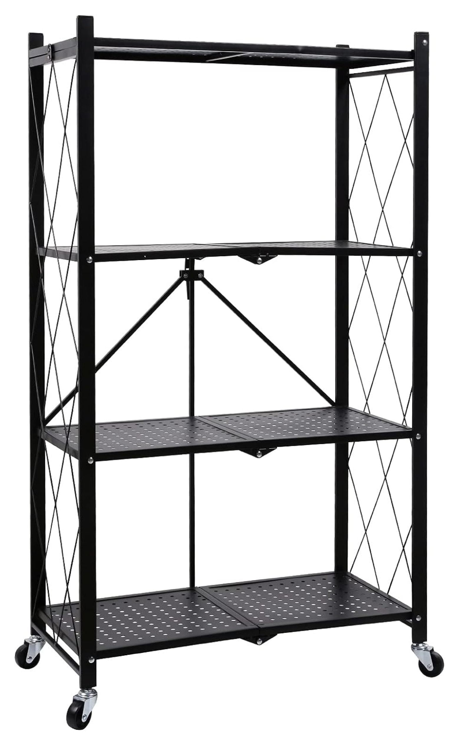 Black 4-Tier Foldable Metal Shelving Unit with Wheels