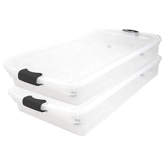 HeSLehs 60 Quart Multipurpose Slim Underbed Storage Container Bins with Secure Latching Lid and Wheels for Home or Office Organization, Clear (2 Pack)