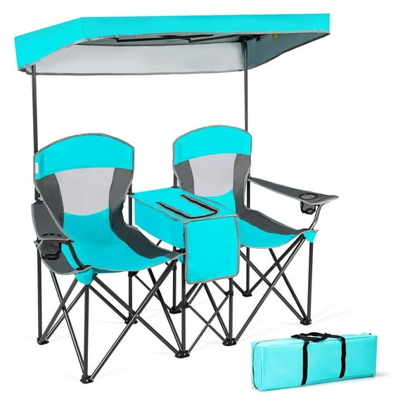 HeSLehs Double Camping Chair, Beach Chair with Canopy Shade, Adjustable UV Protection, Cooler, Cup Holder & Carry Bag, Folding Portable Lawn Soccer Camp Chair with Umbrella for Adults (Navy, 2 Person)