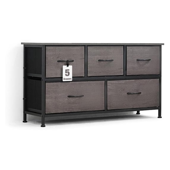 HeSLehs Drawer Storage Tower w/ 5 Fabric Bins, Laundry Storage, Sorting Unit, Chest of Drawers, Organizer w/ P2 Board Top & Fabric Bins, Organizer Unit for Multi-purpose, Hallway, Office, Grey Oak