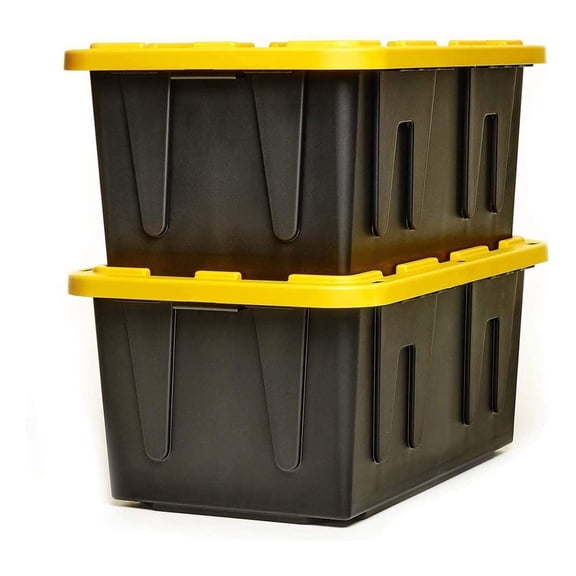 HeSLehs Durabilt 27 Gallon Capacity Lid Stackable Heavy Duty Tough Storage Container Tote with Snap On Lid for Storage Use, Black and Yellow