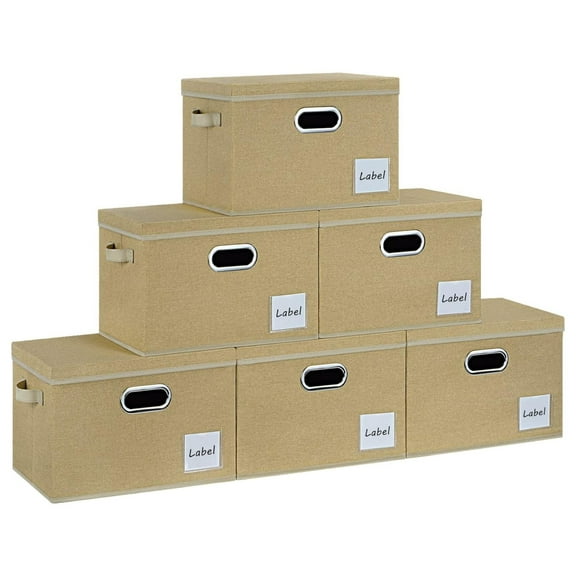 HeSLehs Extra Large Storage Bins with Lids 6 Pack, Foldable Linen Fabric Storage Boxes with Lids, Sturdy Fabric Storage Bins with Label & 3 Handles for Shelves Bedroom Home Office (Beige, Extra Large)