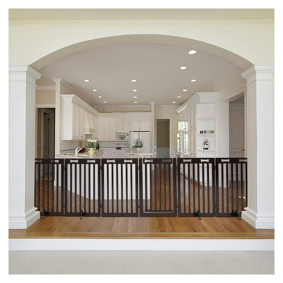 HeSLehs Freestanding Dog Gate with Door, 6 Panel 360 configurable Wooden Fence, 120" Wide, 31.5" Tall, Foldable, Four Support Feet Included, for The House - Indoor Use