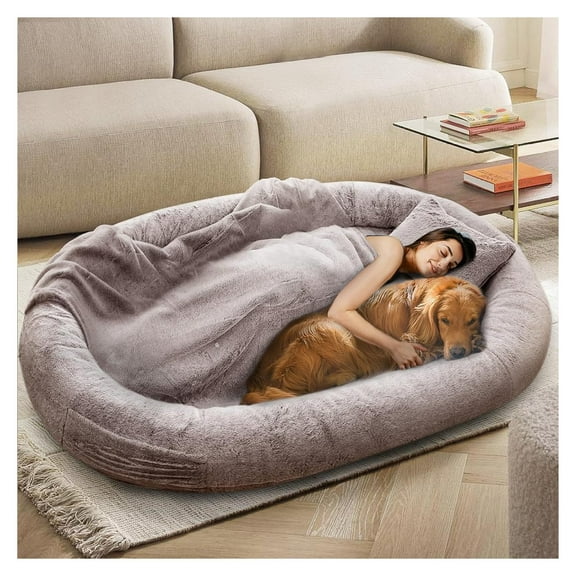 HeSLehs Human Dog Bed,71"x45"x14" Human Size Giant Dog Bed for Adults and Pets,Washable Faux Fur Cover Dog Bean Bag Bed for Humans with Blanket and Pillow,Camel