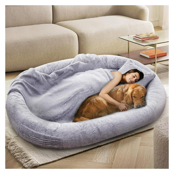 HeSLehs Human Dog Bed for People and Pets,71"x45"x14" Human Size Giant Dog Bed for Adults,Washable Faux Fur Cover Dog Beanbag Bed for Humans with Blanket and Pillow,Gray