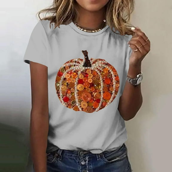 HeYuQiu Plus Size Tops Women's Fall Pumpkin Print Casual Sweatshirt Crew Neck T-Shirt Gray L