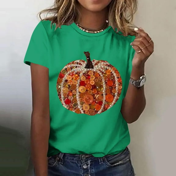 HeYuQiu Plus Size Tops Women's Fall Pumpkin Print Casual Sweatshirt Crew Neck T-Shirt Green XL