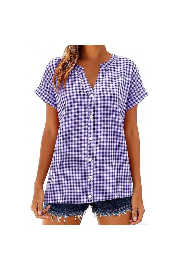 Womens Tops Plus Size Short Sleeve V-Neck Checkered Button-Down Shirt Summer Blouse Pullover Purple XL