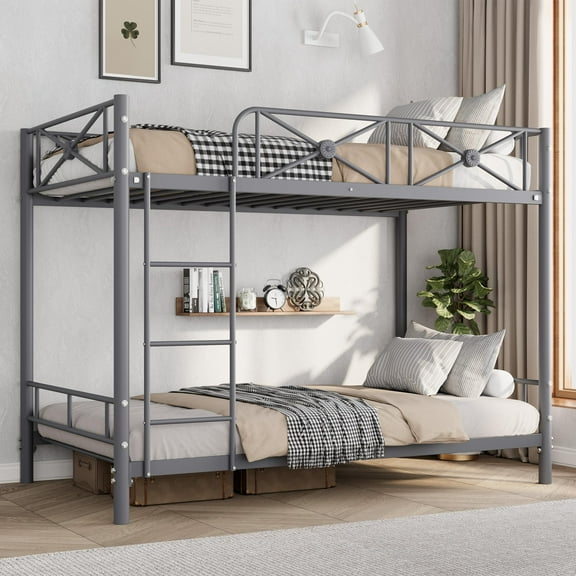 Hea-vy-Dut-y Twin Over Twin Metal Bunk Bed with Safety Guard Rails - Space-Saving Steel Bunk Bed for Bedroom & School