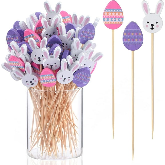 HeaCare 100 Pack Easter Toothpicks for Appetizers, 4.7 Inch Natural Bamboo Cocktail Picks for Cake Dessert Food Fruit Easter Party Decorations, Easter Decorations