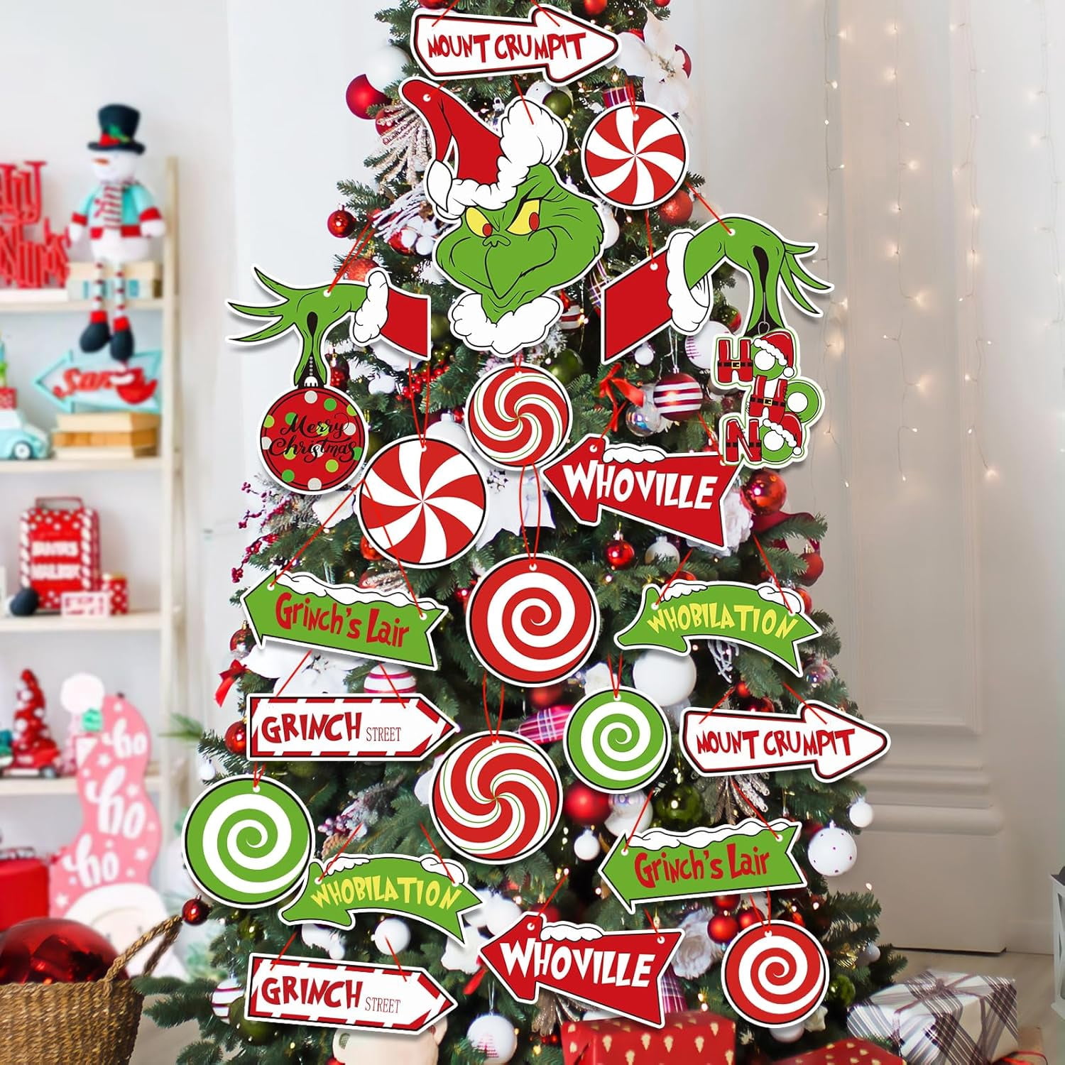 HeaCare 21pcs Christmas Hanging Ornaments - Grinch Christmas Decorations Paper Cards Christmas Grinch Thief Cutouts Hanging Decorations for Christmas Tree Party Supplies Home Door Wall Decor