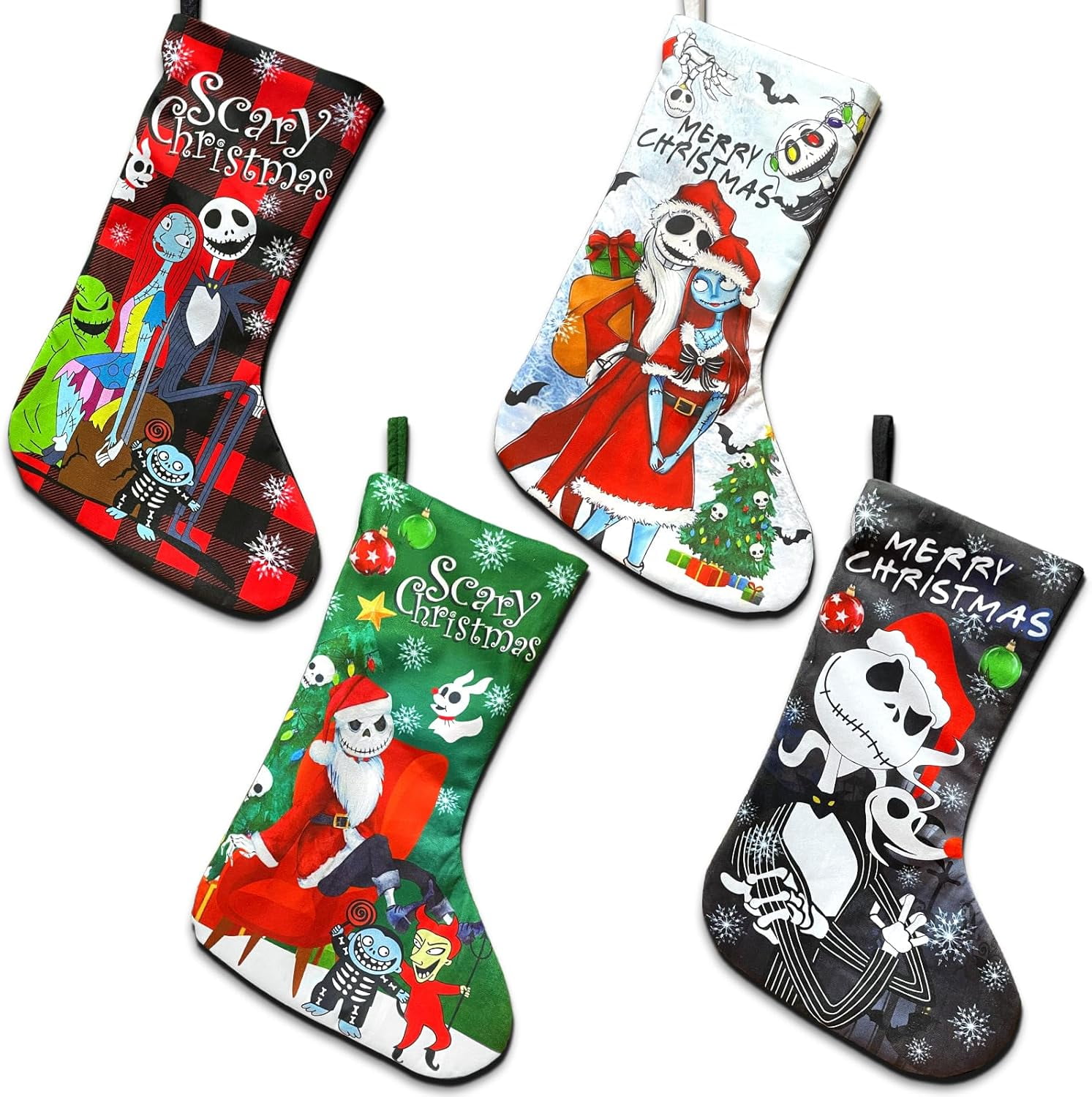 HeaCare 4Pack Nightmare Before Christmas Stockings 18 Inches Xmas Stockings Large Christmas Stockings for Fireplace Hanging Xmas Home Christmas Decorations Christmas Tree Decor