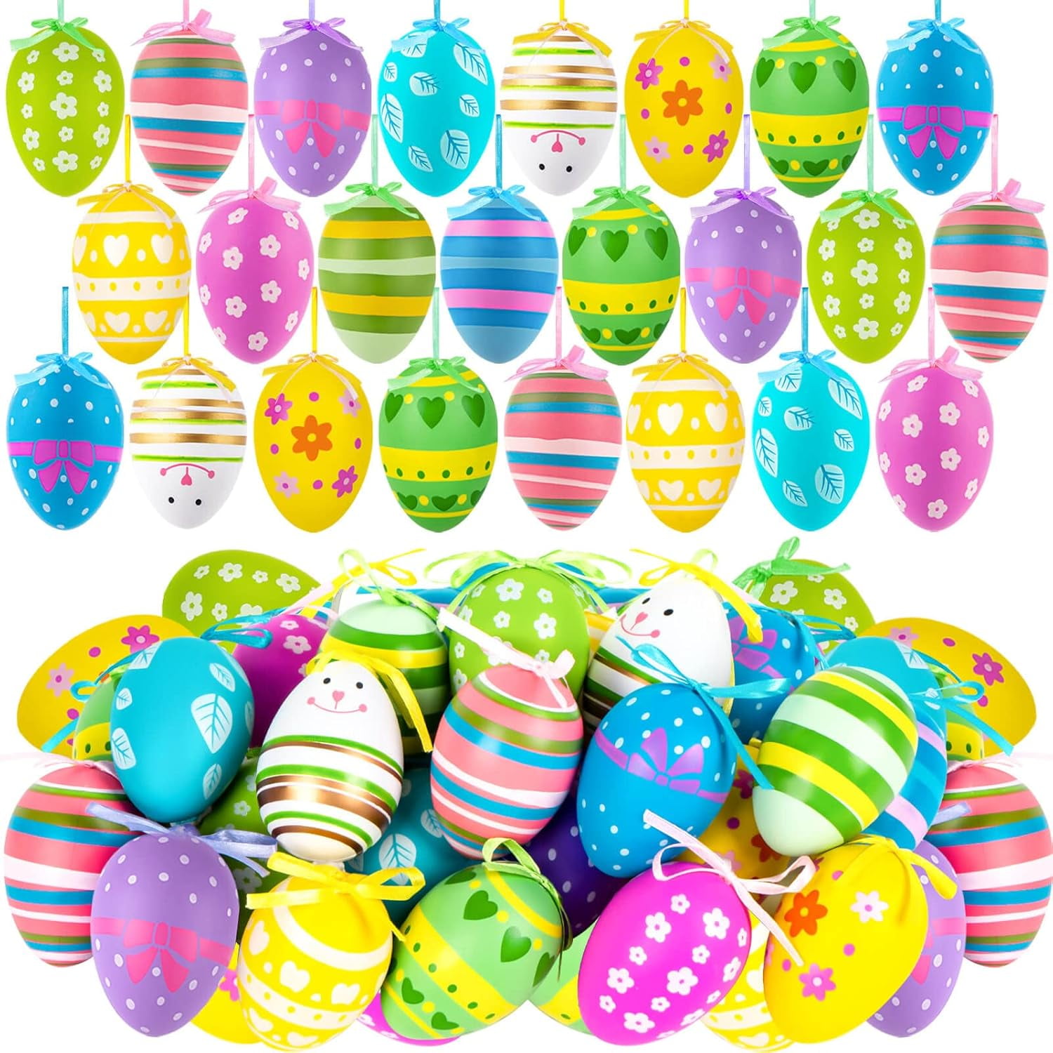 HeaCare 96Pcs Easter Hanging Eggs, Multicolored Plastic Easter Egg Hanging Tree Ornament, Easter Decorative Hand Painted Eggs DIY Crafts with Various Style Stripes Dots Flowers