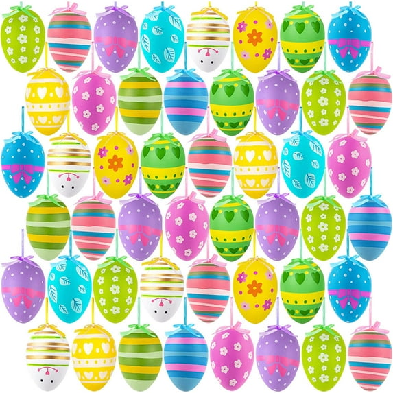HeaCare Easter Hanging Eggs, 48Pcs Multicolored Plastic Easter Egg Hanging Tree Ornament, Decorative Hand Painted Eggs DIY Crafts with Various Style Stripes Dots Flowers