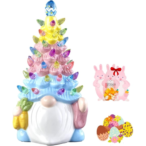 HeaCare Easter Pink Bunny Tree, Glowing Bunny Imitation Ceramic Tree, Resin Bunny Figurine with Colorful Lamp, Pre-Lit Light Up Tree with Rabbit Ears, Easter Night Light for Easter Decorations