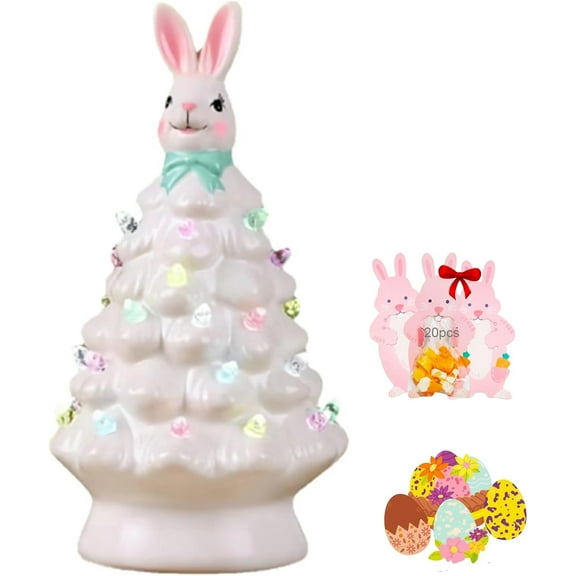 HeaCare Easter Pink Bunny Tree, Glowing Bunny Imitation Ceramic Tree, Resin Bunny Figurine with Colorful Lamp, Pre-Lit Light Up Tree with Rabbit Ears, Easter Night Light for Easter Decorations