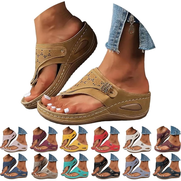 HeaCare Orthopedic Sandals for Women 2025,Summer Slip On Beach Sandals Dressy Arch Support Wedge Sandal Vintage Wide Width Flip Flops Casual Boho Slipper