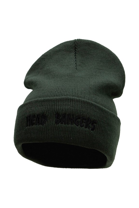 Head Bangers Embroidered 12 Inch Long Knitted Beanie - Olive OSFM