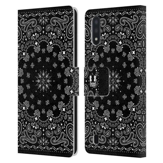 Head Case Designs Classic Paisley Bandana Black Leather Book Wallet Case Cover Compatible with Samsung Galaxy A01 (2020)