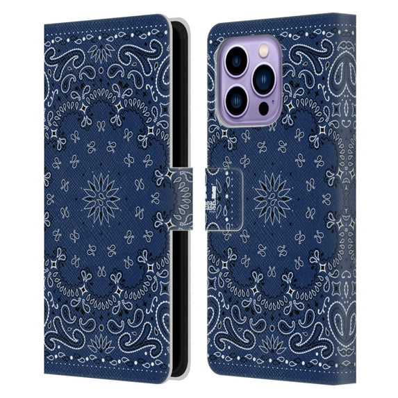 Head Case Designs Classic Paisley Bandana Classic Blue Leather Book Wallet Case Cover Compatible with Apple iPhone 14 Pro Max