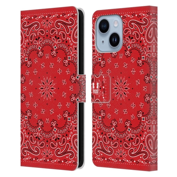 Head Case Designs Classic Paisley Bandana Classic Red Leather Book Wallet Case Cover Compatible with Apple iPhone 14 Plus