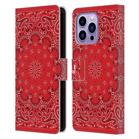Head Case Designs Classic Paisley Bandana Classic Red Leather Book Wallet Case Cover Compatible with Apple iPhone 14 Pro Max