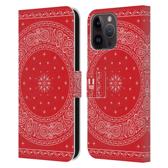Head Case Designs Classic Paisley Bandana Round Red Leather Book Wallet Case Cover Compatible with Apple iPhone 15 Pro Max