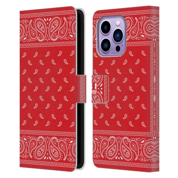 Head Case Designs Classic Paisley Bandana Square Red Leather Book Wallet Case Cover Compatible with Apple iPhone 14 Pro Max